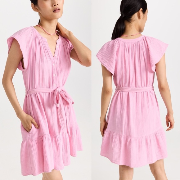 Xirena Jude Gauze Belted Mini Belted Dress Flutter Sleeve Petal Pink XS - Picture 1 of 6